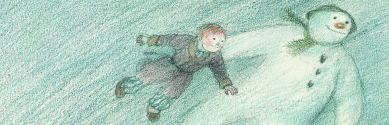 An illustration from The Snowman of The Snowman and the boy flying