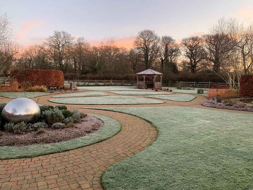 The garden during Winter frost at Chestnut Tree House