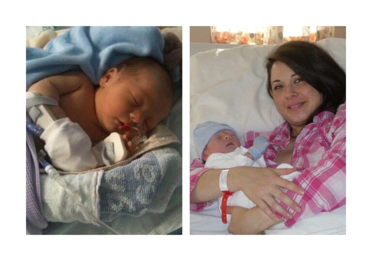 Two images - one of baby Finlay sleeping and one of Gemma holding Finlay