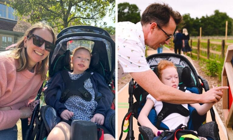 Montage images of Nora with her mum and with her dad