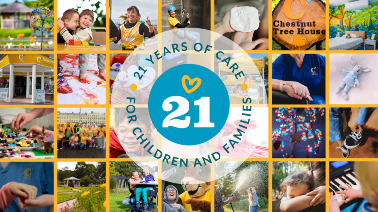 Image of a montage of chestnut tree image with our 21 anniversary logo on it - reading: 21 years of care for children and families