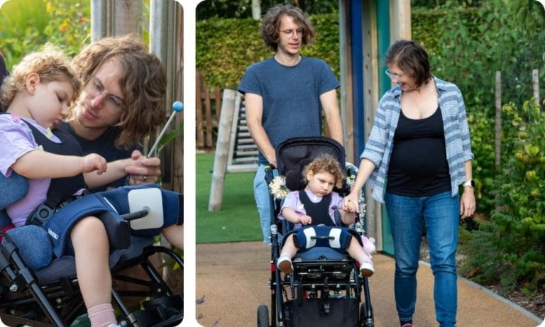 Parents walk with their child through the sensory garden at Chestnut Tree House