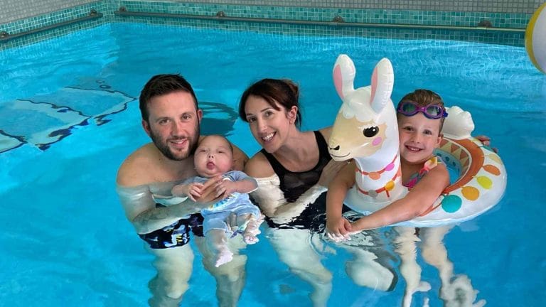 Patrick, Lynsey, Raif and Joni in the pool at Chestnut Tree House