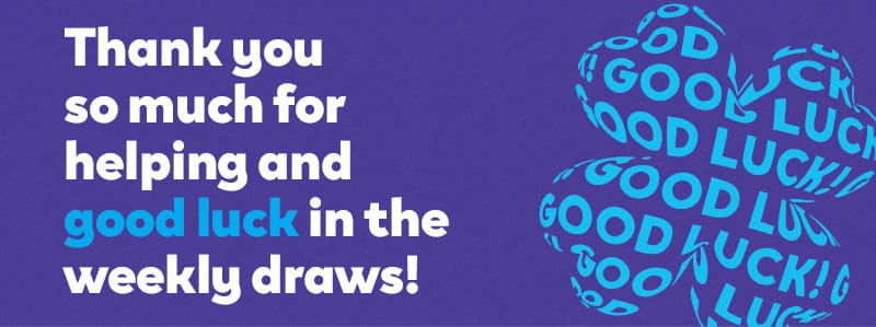 Shamrock graphic with "Good luck" text. Image text reads "Thank you so much for helping and good luck in the weekly draws!"