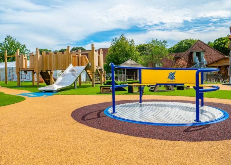 The roundabout and slide in the Chestnut Tree House accessible play park on a sunny day