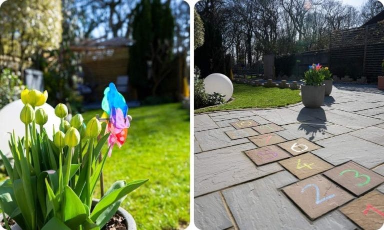 Two images: a hopscotch for children to play and some tulips sit flowering alongside a colourful windmill.