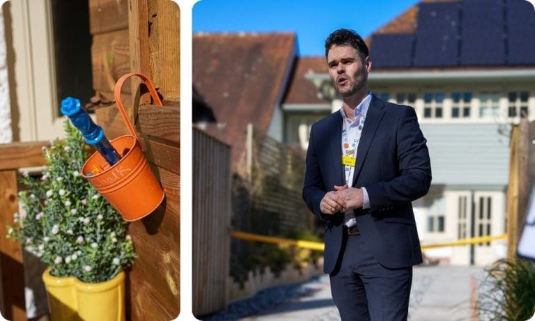 Two images featuring a man giving a speech with a house behind him, and the second features a decorative flower pot hanging on a fence.