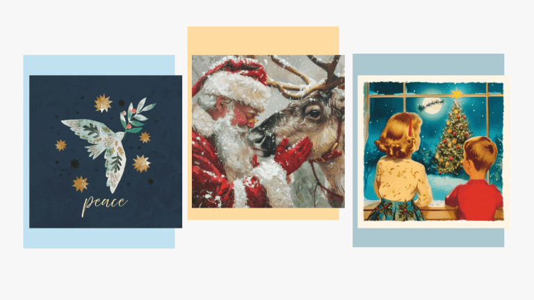 three charity christmas card designs, showing an illustrated dove with the word 